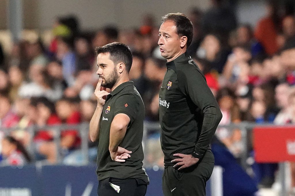 FC Barcelona, Barca s coach Jonatan Giraldez (l) with his assistant Rafel Navarro during La Liga F match. October 15,202